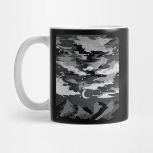 Dark cloudy sky above mountains with a crescent moon Mug